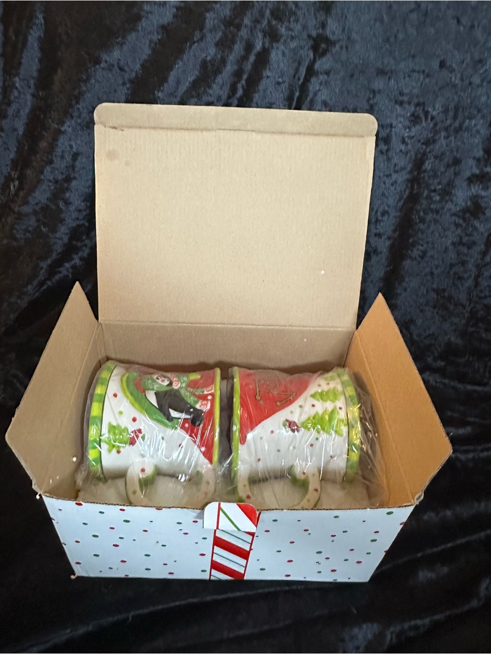 Temptations Holiday Tree & penguin Mugs - Red, Green, White
